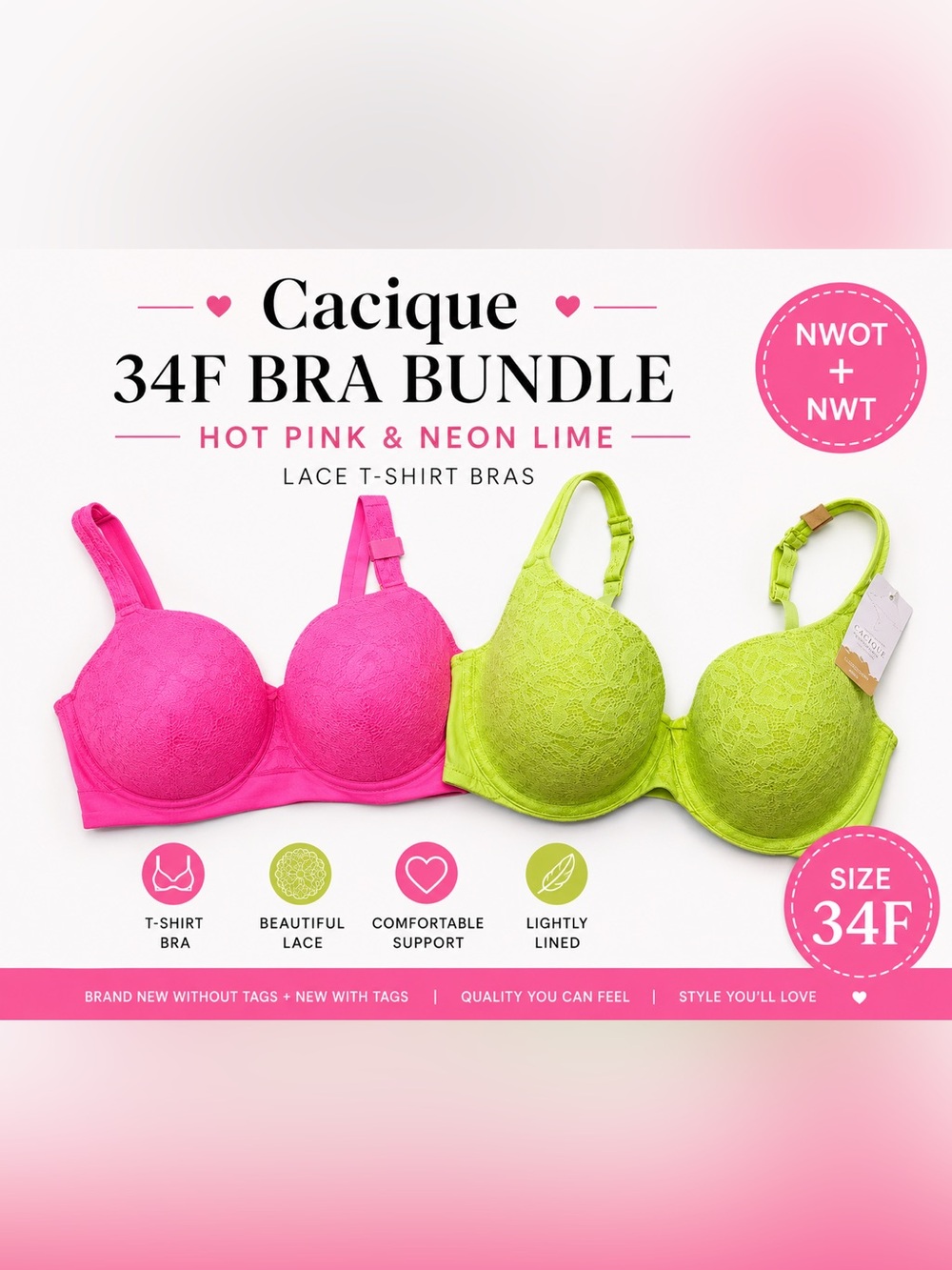 Cacique 34F Bra Bundle NWOT + NWT | Hot Pink & Neon Lime Lace T-Shirt Bras